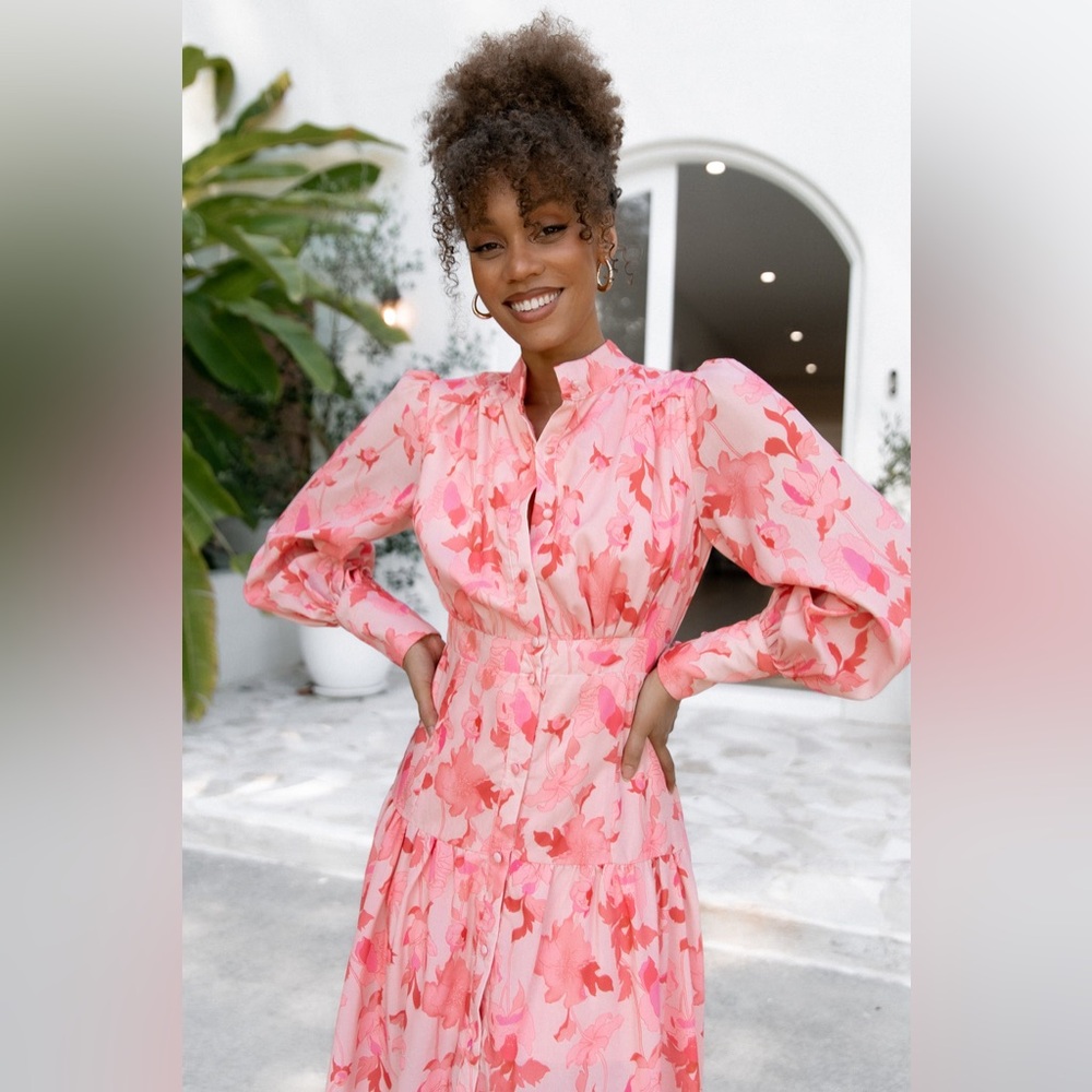 Petal & Pup Pink Floral Tiered Midi Dress - Picture 3 of 12